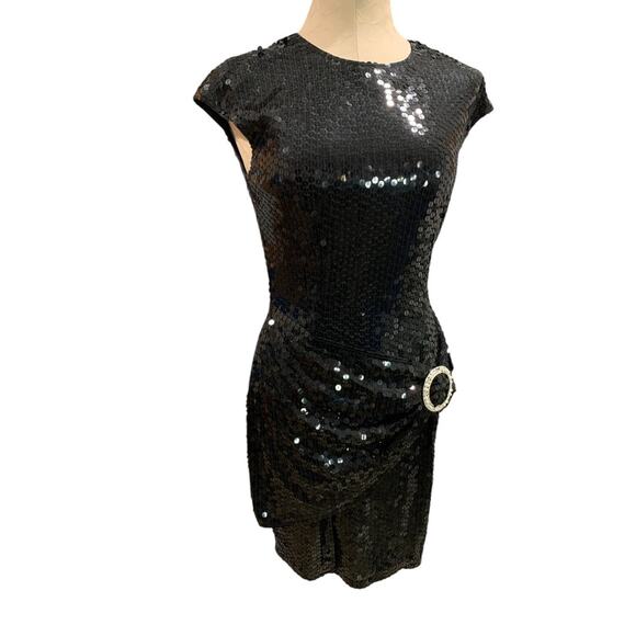 Size 6 Nite Line Vintage 1990s Black Sequin Dress Sheath Waist Drape - Picture 1 of 9